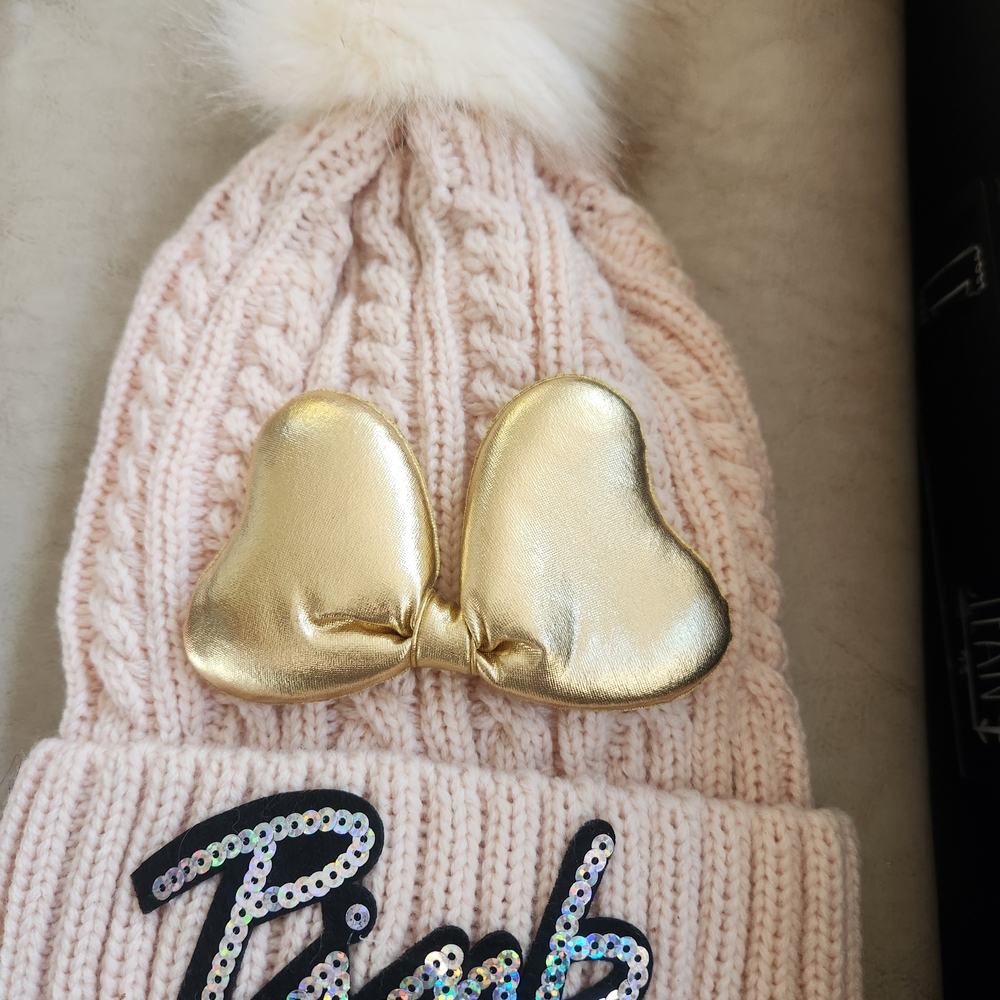 Blush Knit Hat with Gold Heart Bow And "Pink" SEQUIN Wording NWOT